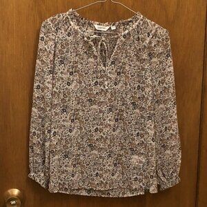 Reitmans - neck tie blouse - beige - floral - flowy - quarter sleeve - XS Petite